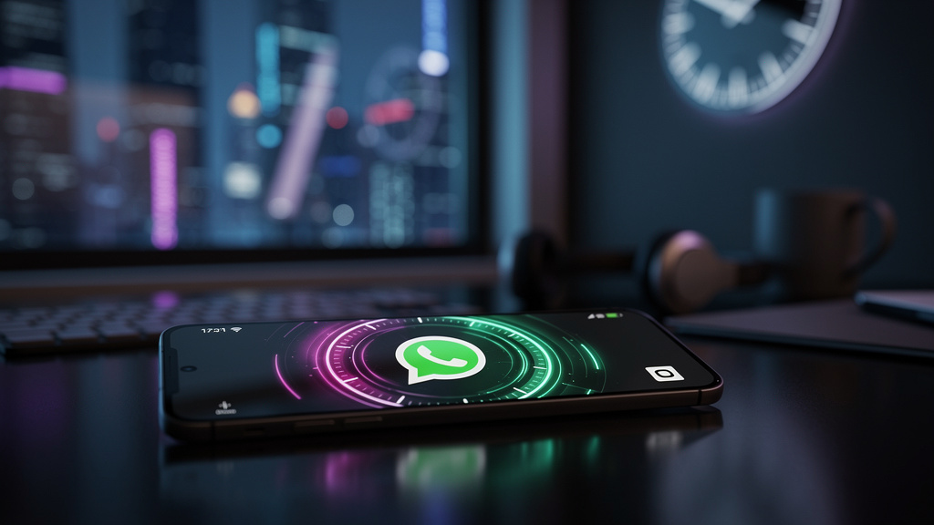 Agente de IA no WhatsApp Business: Maximize seu Atendimento — Uma representação visual de um agente de IA no WhatsApp Business atuando 24/7. Mostrar um relógio estilizado integrado ao logo do WhatsApp