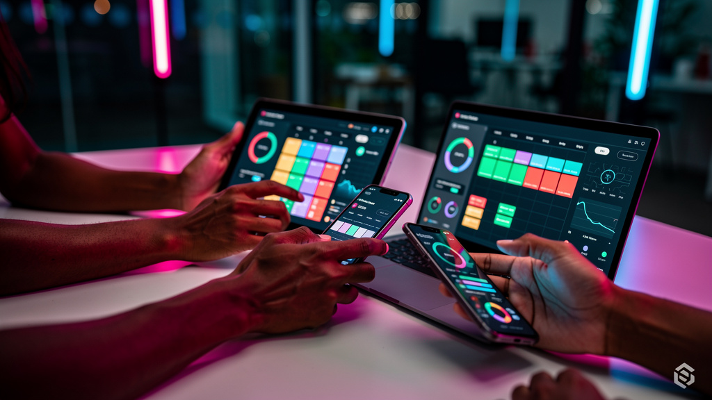 Agente de IA para Agendamento: Otimize sua Agenda — Close-up de várias mãos (de diferentes etnias) interagindo com telas de dispositivos (tablet, smartphone, laptop) mostrando interfaces de agendament