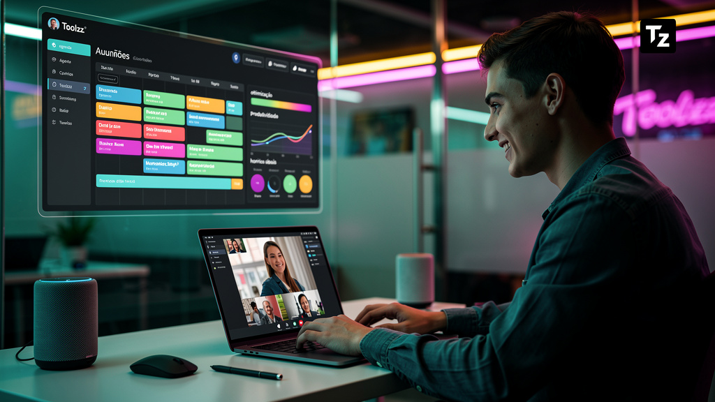 Agente de IA para Agendamento: Otimize sua Agenda — Um profissional sorrindo, focado em seu laptop durante uma reunião virtual. Ao fundo, um painel de controle da Toolzz AI é visível, mostrando gráfic