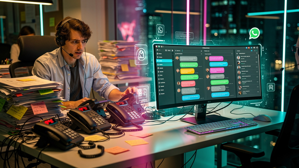 Agente de IA para WhatsApp: Guia Completo para 2024 — Um atendente de suporte ao cliente, visivelmente sobrecarregado, cercado por vários telefones tocando e pilhas de papéis. Em contraste, ao lado de