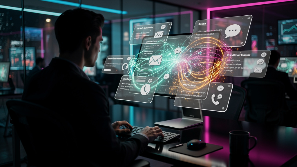 Agente de IA que Vende: Automatize e Maximize suas Vendas — Uma ilustração de um agente de IA, visualizado como uma interface elegante e minimalista, interagindo simultaneamente com diversos canais de