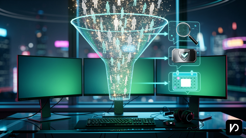 Agente de IA SDR: Qualificação de Leads 24/7 — Um diagrama visual que ilustra o fluxo de trabalho de um Agente de IA SDR. No topo, um funil de vendas com leads entrando. O funil se estreita à medida q