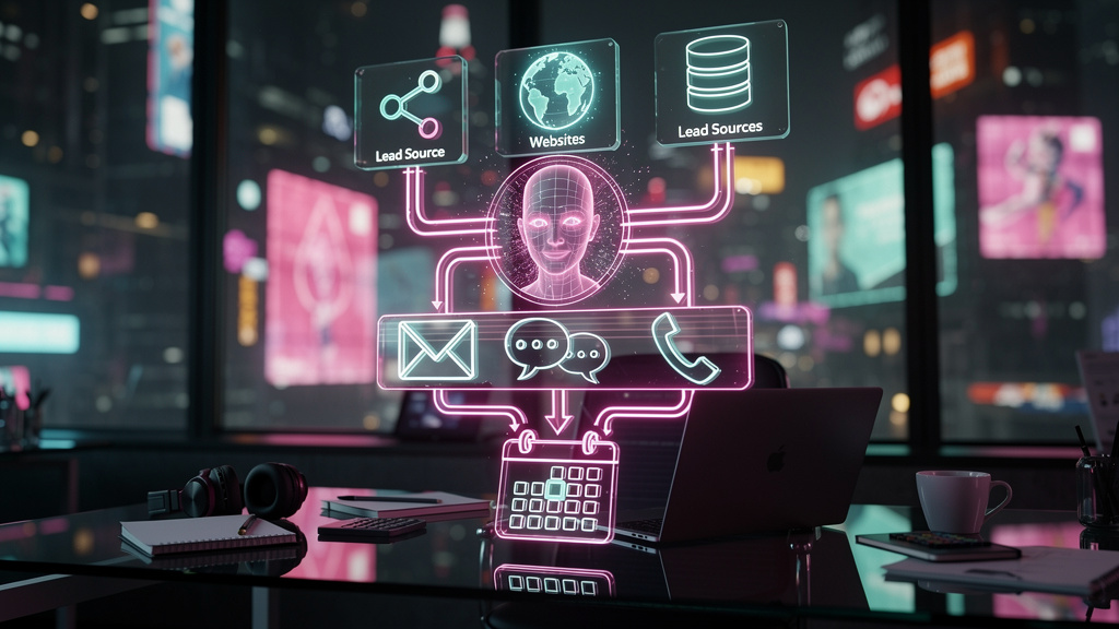 Agente de IA SDR: Qualifique Leads 24/7 — Um fluxograma ilustrando o processo de um agente de IA SDR. Bloco superior: 'Prospecção' mostrando ícones de LinkedIn, website e banco de dados conectados a u