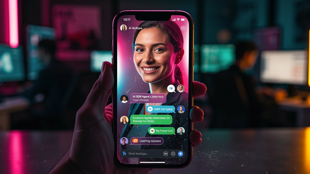 Agente de IA SDR: Qualifique Leads 24/7 e Aumente as Vendas — Um close-up de um smartphone exibindo uma interface de aplicativo com um avatar amigável de um Agente de IA SDR. O avatar está sorrindo e 