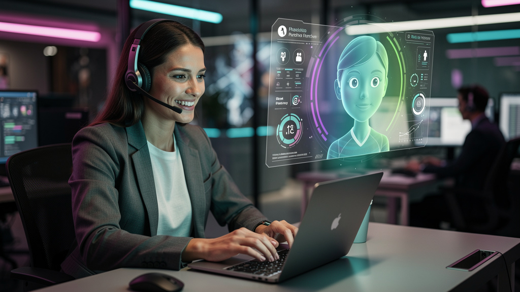 Agente de Voz Automatizado: O Futuro do Atendimento Inteligente — Um atendente de telemarketing, usando um headset, sorri enquanto interage com um holograma de um assistente virtual amigável e persona