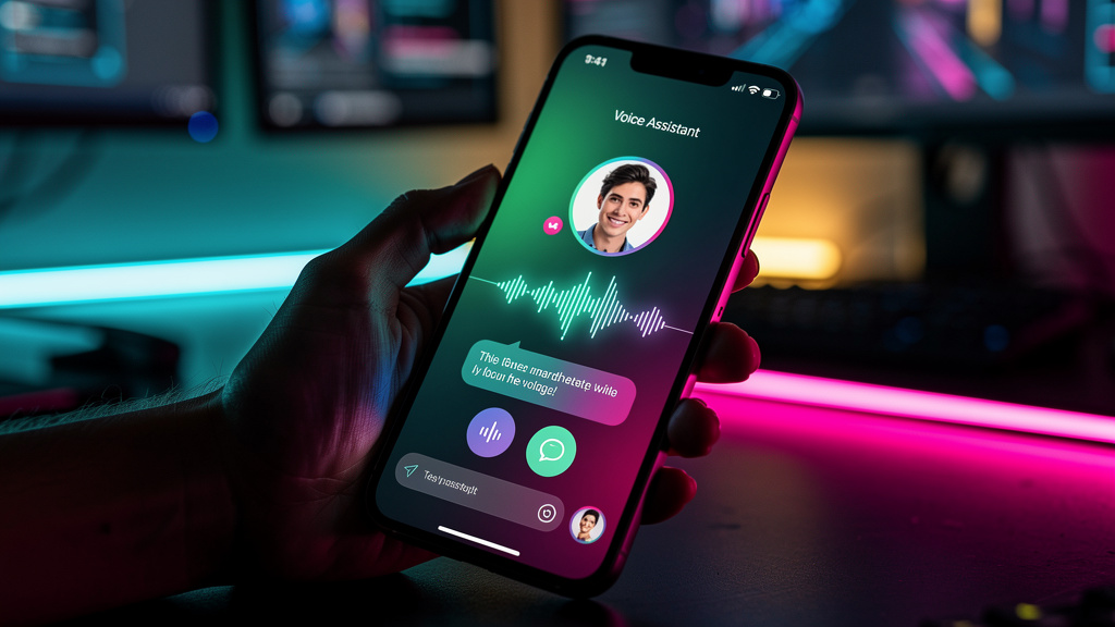 Agente de Voz Automatizado: O Guia Completo — Um close-up estilizado de uma tela de smartphone mostrando uma interface de conversa de um agente de voz automatizado. A interface é limpa e moderna, com 