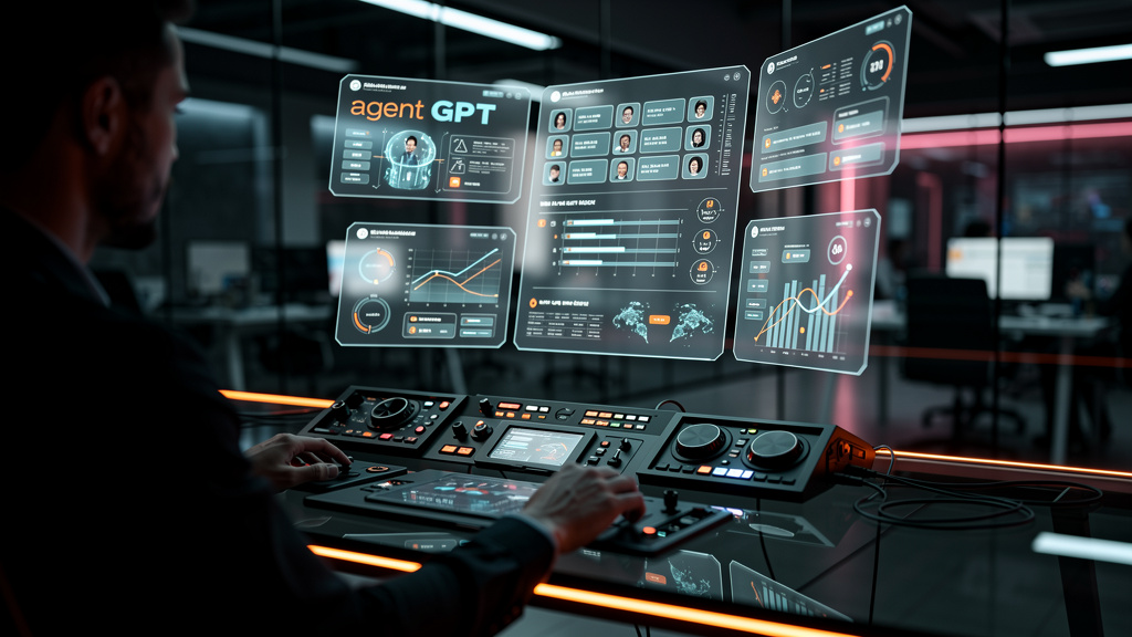 Agente GPT: O Guia Completo para sua Workforce de IA — Um agente GPT visualizado como uma interface holográfica elegante, sobreposta a um painel de controle complexo de um sistema de CRM. O logo da To