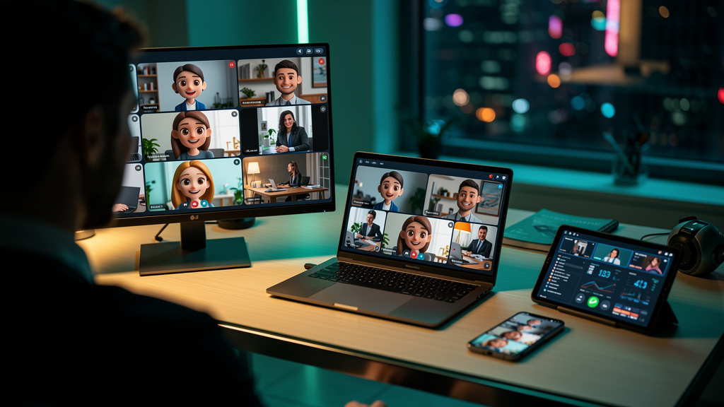 Agente IA SDR: Maximize Vendas Qualificando Leads 24/7 com Inteligência Artifici — Um agente de vendas virtual, em estilo avatar 3D amigável, interagindo simultaneamente com múltiplos leads em diferen