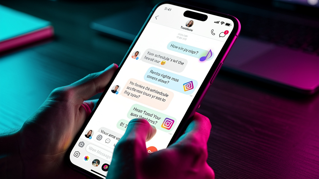 Agente IA Social Media descomplicado: guia visual e prático — Close-up de um smartphone mostrando uma tela de conversa do Instagram. Um agente de IA da Toolzz responde automaticamente a uma pergunta s