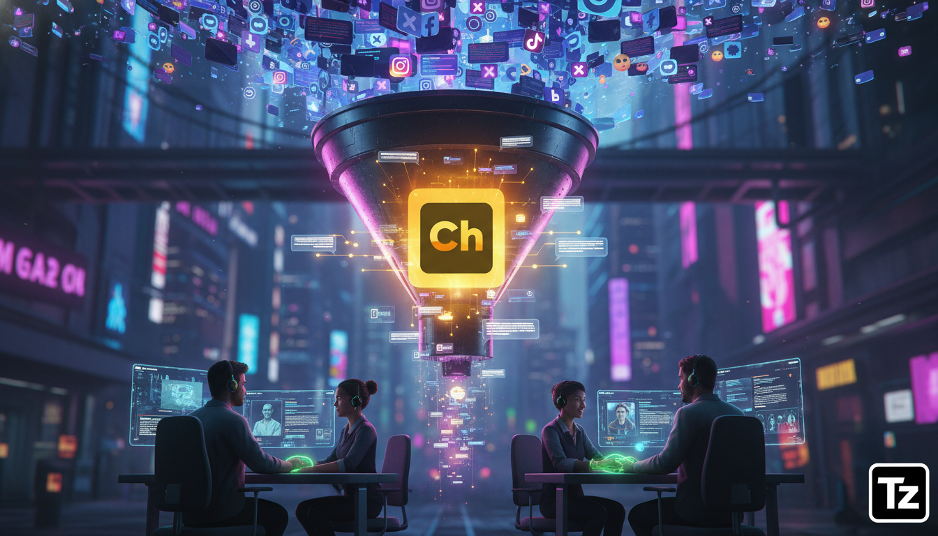 Agente IA Social Media explicado: do básico ao essencial — Diagrama visual que mostra um funil de atendimento ao cliente em redes sociais. No início do funil, um grande volume de interações genéricas.