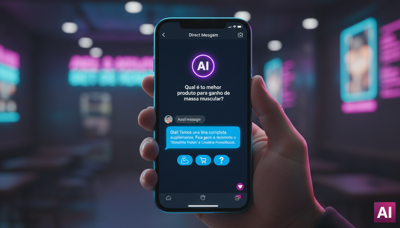 Agente IA Social Media: o que vem aí — Close-up de uma tela de smartphone mostrando uma conversa de DM no Instagram. Um agente de IA, representado por um ícone de assistente virtual amigável com o log