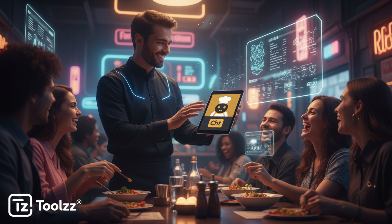 Agente IA Social Media para Restaurantes: Toolzz vs Concorrentes em 2026 — Um garçom em um restaurante movimentado sorri enquanto um chatbot da Toolzz aparece em um tablet ao lado dele, ambos trabalha