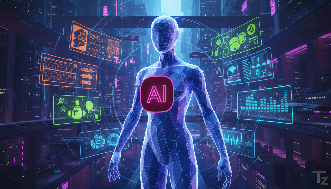 Agente IA Social Media: Previsões de Especialistas para 2026 — Um agente de IA personalizado da Toolzz, visualizado como um avatar elegante e moderno, adaptando-se dinamicamente às necessidades de dif