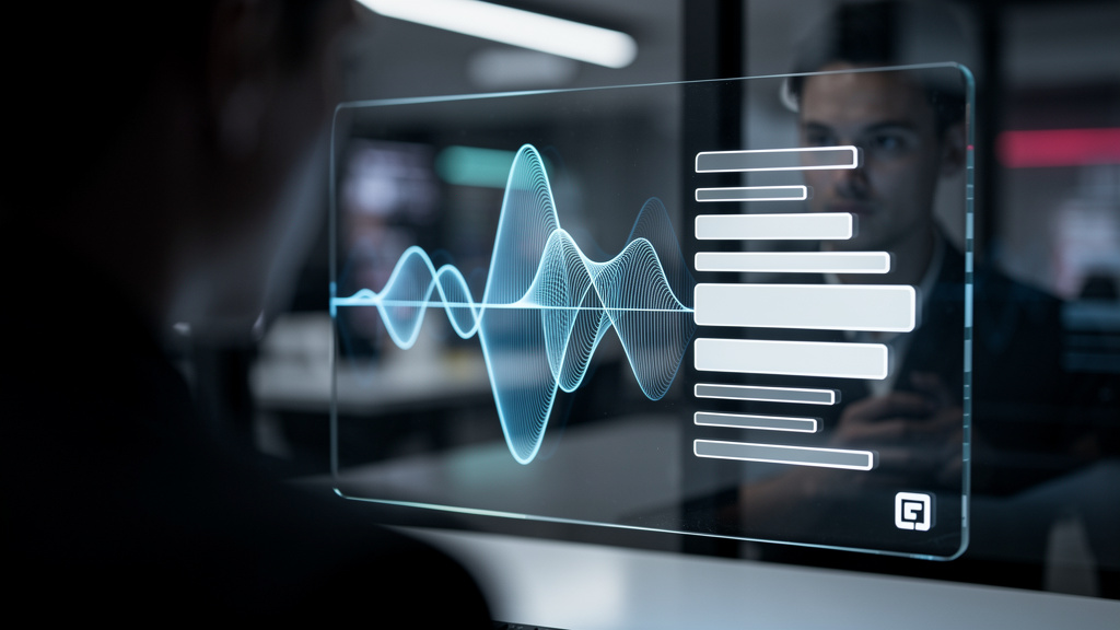 Agente IA Voz: O Guia Completo sobre Toolzz Voice e Voz Inteligente — Um close-up de uma interface de usuário de um agente de voz IA, mostrando ondas sonoras sendo convertidas em texto em tempo real.