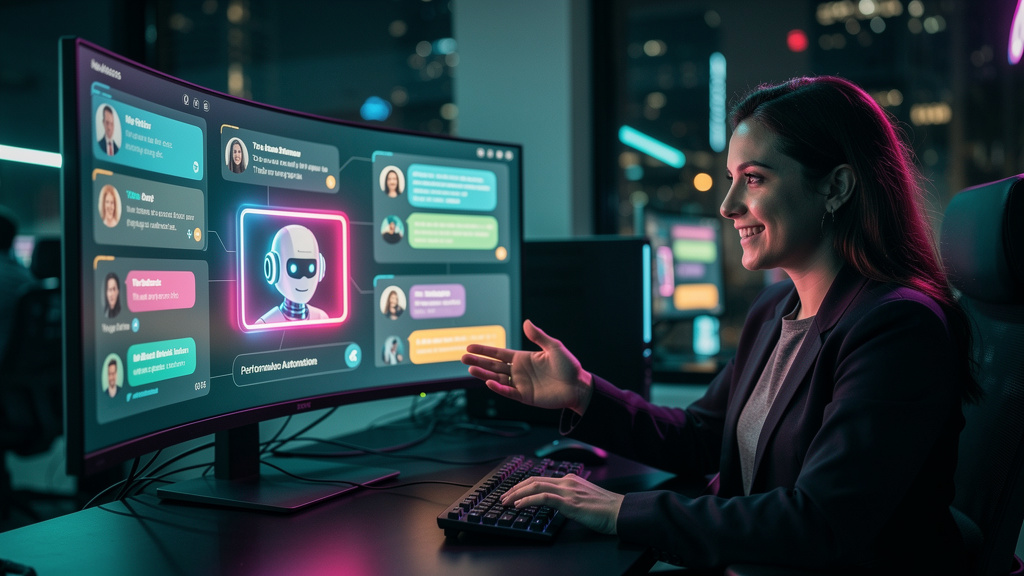 Agente Replay: O Futuro da Automação no Atendimento — Um agente de atendimento ao cliente sorrindo e gesticulando amigavelmente em frente a um monitor que exibe múltiplas janelas de chat. Uma dessas j