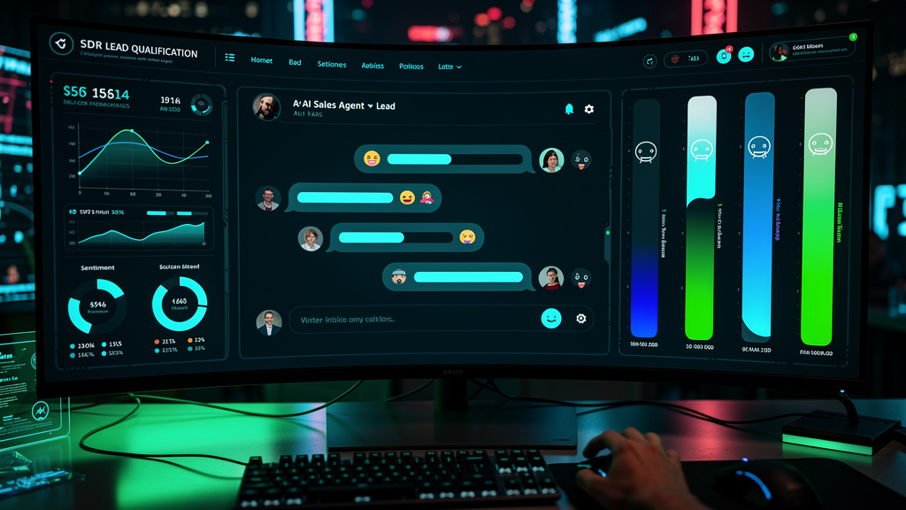 Agente SDR com IA: Qualificação de Leads 24/7 — Um close-up de um painel de software mostrando uma conversa em tempo real entre um agente SDR com IA (com a logo Toolzz) e um lead. A interface é limpa