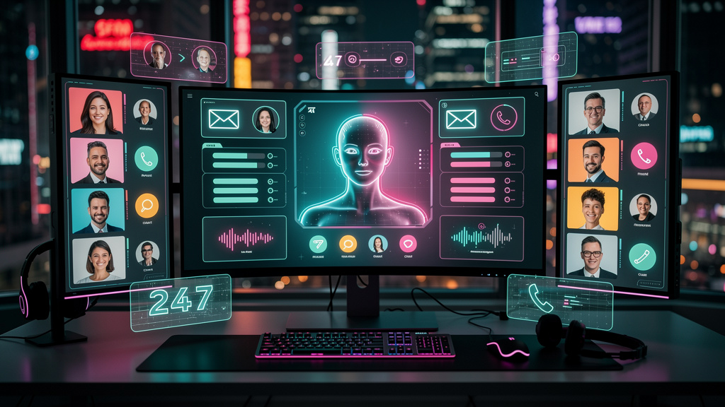 Agente SDR com IA: Qualifique Leads 24/7 — Um diagrama visual que mostra um agente SDR com IA representado como um avatar amigável em um computador, interagindo simultaneamente com vários leads em dif