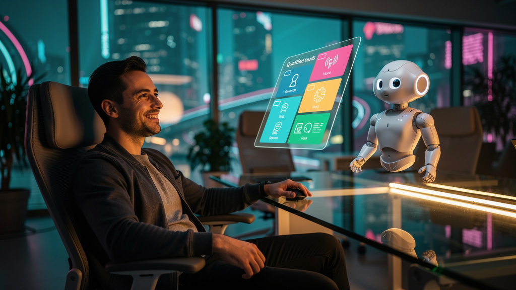 Agente SDR com IA: Qualifique Leads 24/7 — Um SDR (Sales Development Representative) sorrindo e relaxado em uma cadeira ergonômica em um escritório moderno, enquanto um assistente virtual (estilo 'Pep