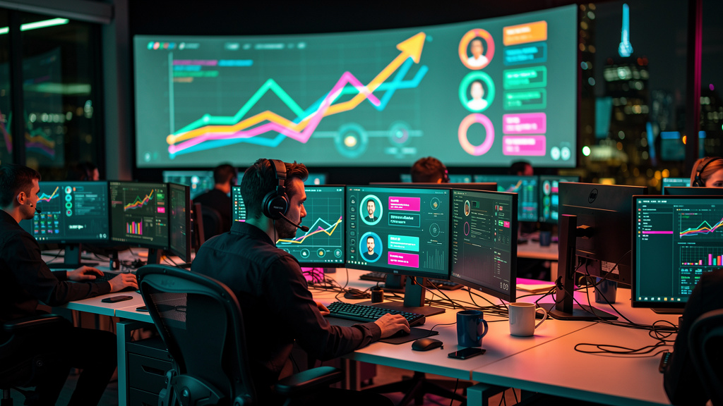 Agente SDR: Qualifique Leads e Agende Reuniões 24/7 com IA — Um escritório movimentado com diversos agentes SDR humanos trabalhando em seus computadores. Uma tela grande exibe um gráfico mostrando o a