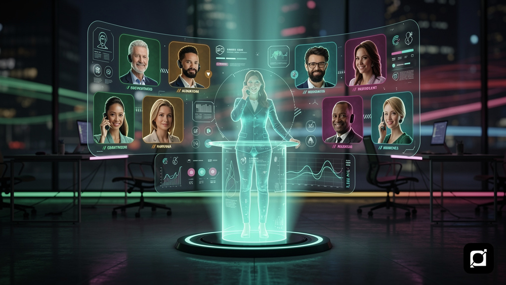 Agente Vocal com IA: Revolucione seu Atendimento com Toolzz Voice — Uma recepcionista virtual holográfica atendendo simultaneamente várias chamadas em um painel futurista. Cada chamada é representada 