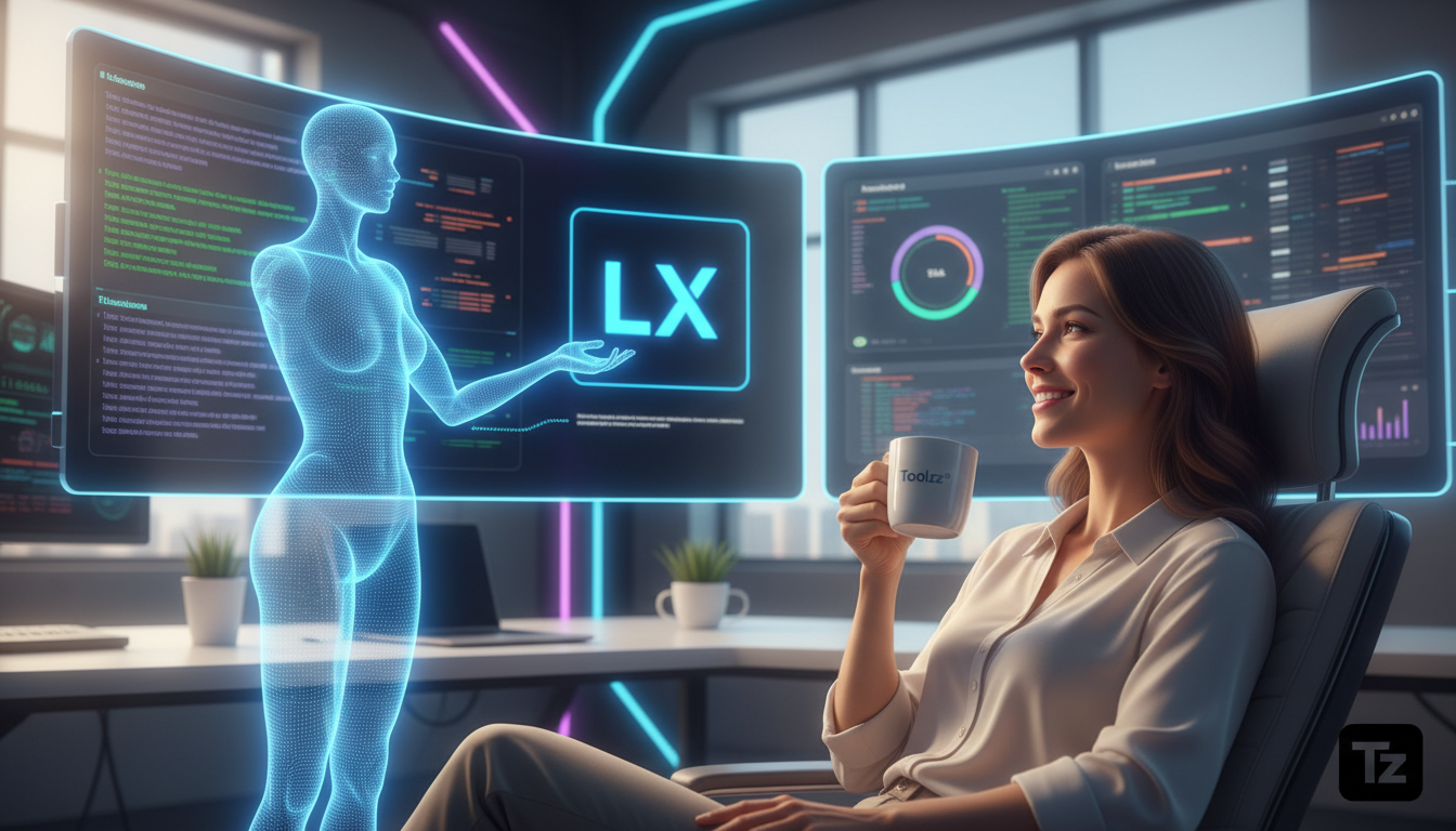 Agentes de IA: A Evolução do Atendimento Empresarial — Um funcionário de atendimento ao cliente, sorrindo e relaxado, bebendo um café enquanto observa um agente de IA (representado como uma projeção h