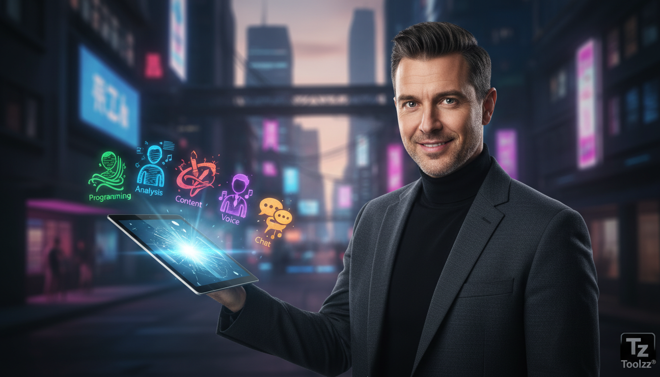 Agentes de IA: A Nova Força de Trabalho Impulsionada pela Automação — Um retrato editorial de Alex Finn, fundador da Creator Buddy, sorrindo com um tablet na mão. No reflexo da tela do tablet, visuali