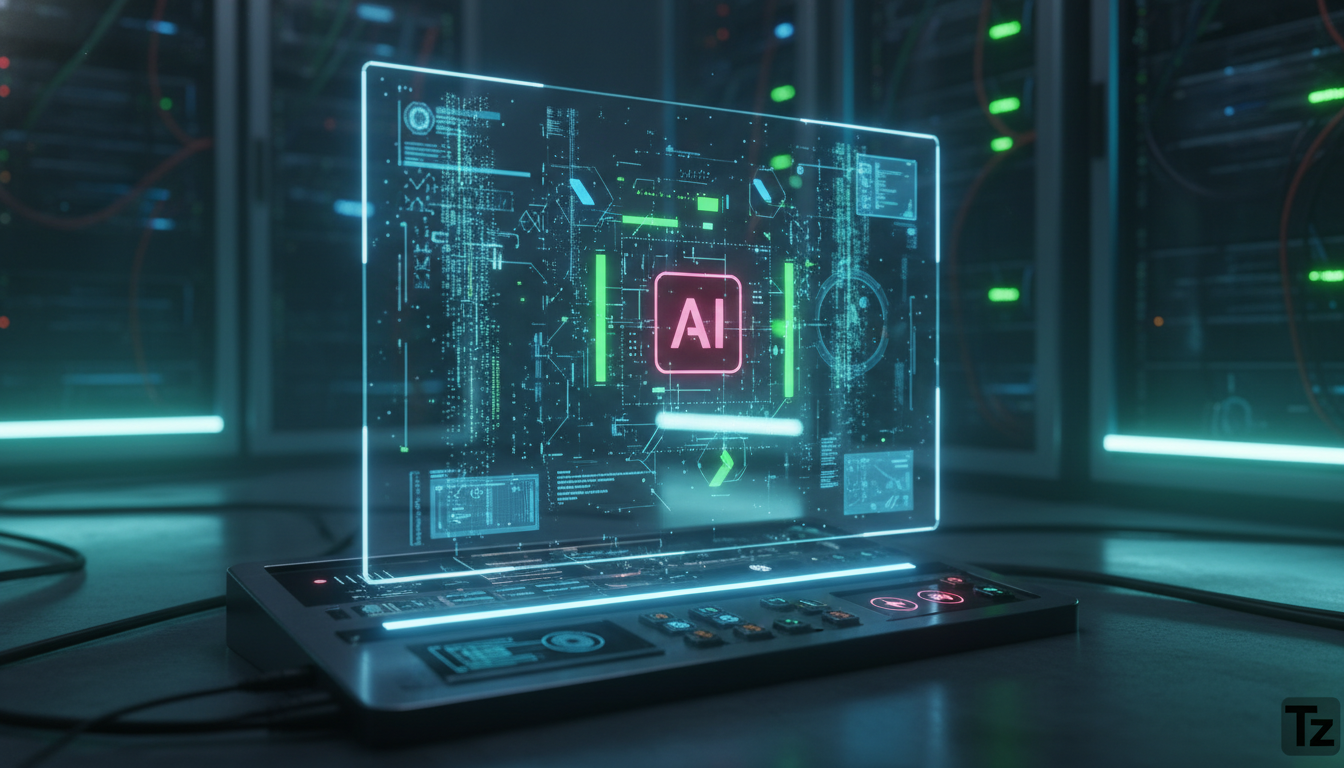 Agentes de IA: A Nova Onda de Automação para Empresas — Um close-up de um agente de IA representado como uma interface holográfica complexa, mostrando fluxos de dados e algoritmos em tempo real. A int