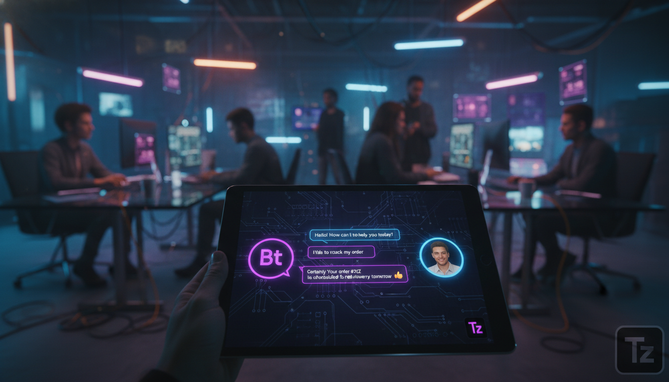 Agentes de IA: A Revolução no Atendimento ao Cliente — Um close-up de um chatbot da Toolzz em ação em um tablet moderno, exibindo uma conversa amigável e eficiente com um cliente satisfeito. O fundo m