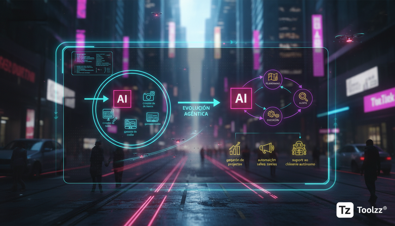 Agentes de IA: A Revolução que Impulsionará 30% da Receita Global de Software — Um diagrama visual mostrando a evolução da IA, com um fluxo que começa na IA generativa (ex: criação de texto/imagem) e 