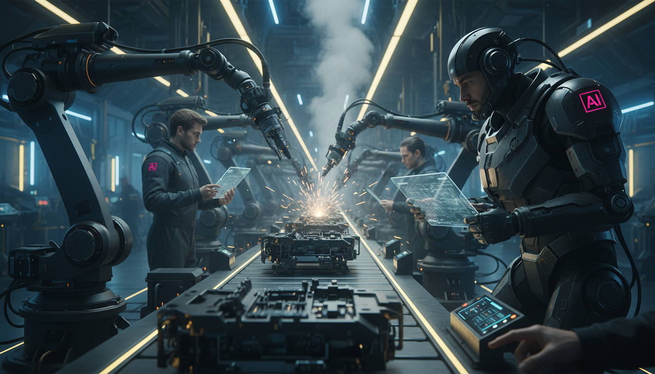 Agentes de IA: A Revolução Silenciosa na Força de Trabalho — Uma linha de montagem futurista onde robôs e humanos trabalham lado a lado, montando um produto complexo. Os robôs realizam tarefas repetit