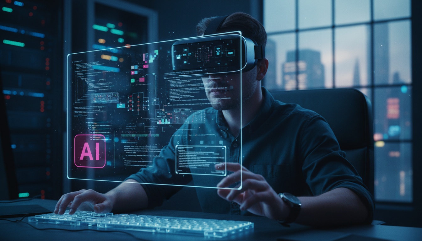 Agentes de IA: Aumentando a Eficiência no Ambiente de Trabalho — Um desenvolvedor de software trabalhando em um escritório com iluminação suave, usando um headset de realidade aumentada que sobrepõe d