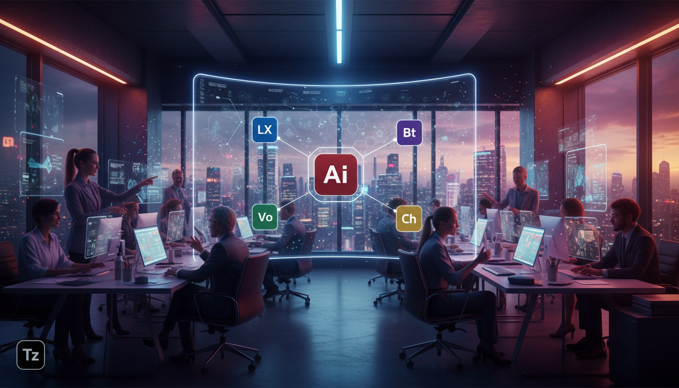 Agentes de IA: Automação Inteligente e Tendências para Empresas — Um escritório movimentado com diversos funcionários colaborando em frente a telas que exibem interfaces de agentes de IA. Um painel ce