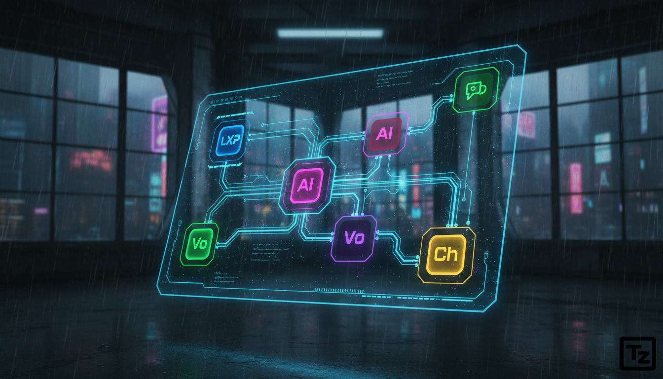 Agentes de IA Autônomos: Construindo o Futuro da Automação — Ilustração de um painel de controle holográfico exibindo a arquitetura de um sistema de orquestração de agentes de IA. Cada agente é repres