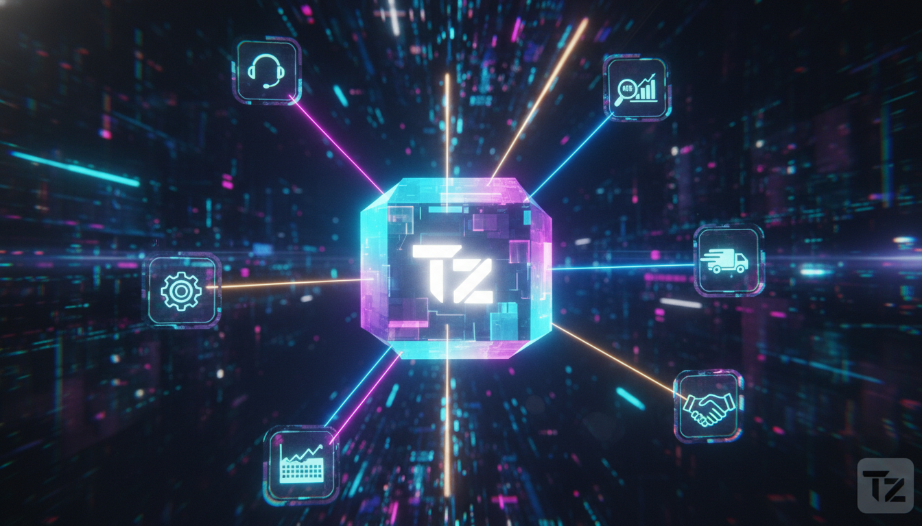 Agentes de IA Autônomos: Construindo o Futuro da Automação — Um diagrama ilustrativo mostrando um agente de IA autônomo como um cubo luminoso no centro, conectado por raios de luz a vários ícones repr