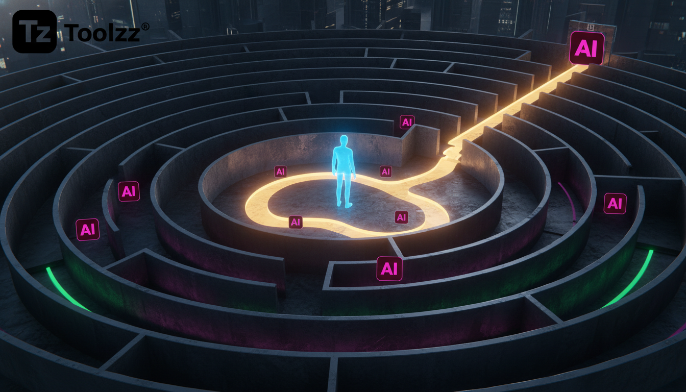 Agentes de IA com Memória: A Personalização que Transforma o Atendimento — Ilustração digital mostrando um labirinto complexo com várias rotas, onde um avatar de cliente se encontra no centro. Uma luz