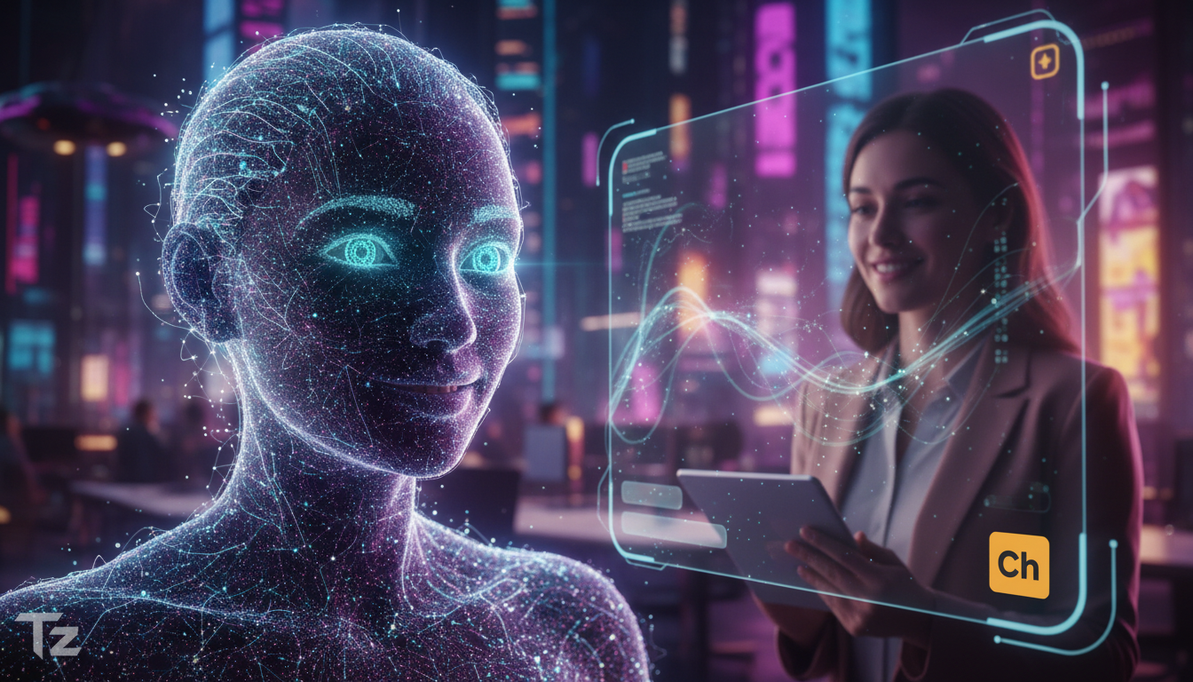 Agentes de IA e Automação Inteligente: Tendências para Empresas — Um close-up de um agente de IA em forma de avatar amigável, interagindo com um cliente através de uma tela de chat. O logo da Toolzz a