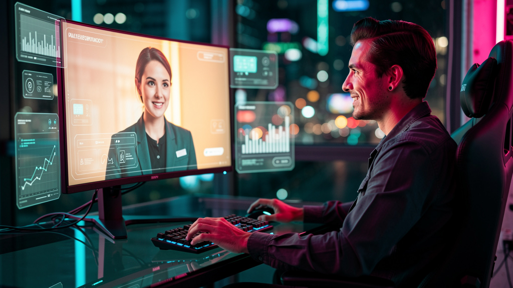 Agentes de IA e Chatbots: Automatizando o Futuro das Empresas — Um agente de IA personificado como um assistente virtual amigável, interagindo com um cliente através de uma tela de computador. O clien