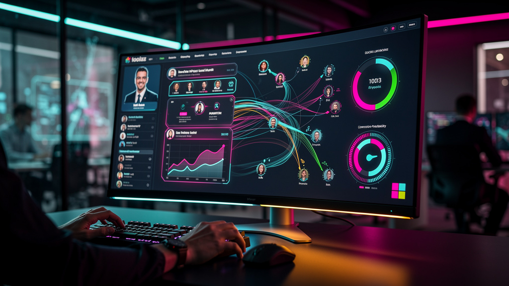 Agentes de IA em Vendas B2B: Aumente sua Receita — Um close-up de uma tela de computador mostrando uma interface de agente de IA da Toolzz. A tela exibe dados de leads sendo analisados em tempo real, 