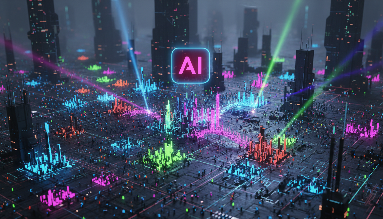 Agentes de IA: Emergência Comportamental e o Futuro do Trabalho — Visão aérea de um vasto campo de batalha digital onde agentes de IA, representados como pequenas figuras geométricas coloridas, estão 