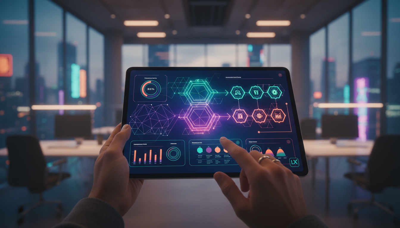Agentes de IA: Maximize a Eficiência na Educação Corporativa — Um close-up de um tablet sendo usado por um funcionário em um escritório moderno. O tablet exibe um painel de controle de agente de IA, m
