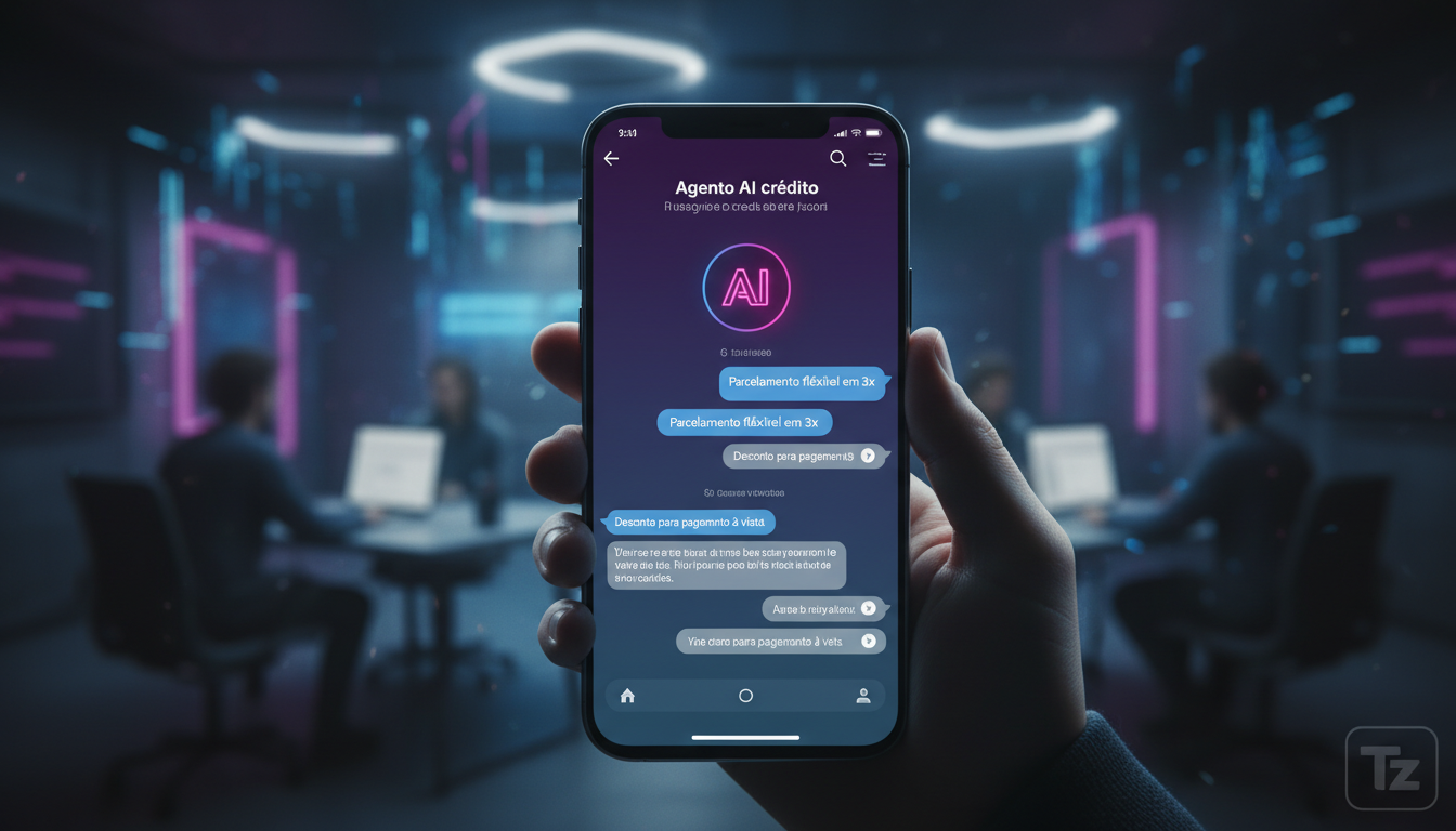 Agentes de IA na Cobrança: A Revolução na Recuperação de Crédito — Close-up de um smartphone exibindo uma conversa entre um cliente e um agente de IA da Toolzz AI via WhatsApp. A interface do chatbot 