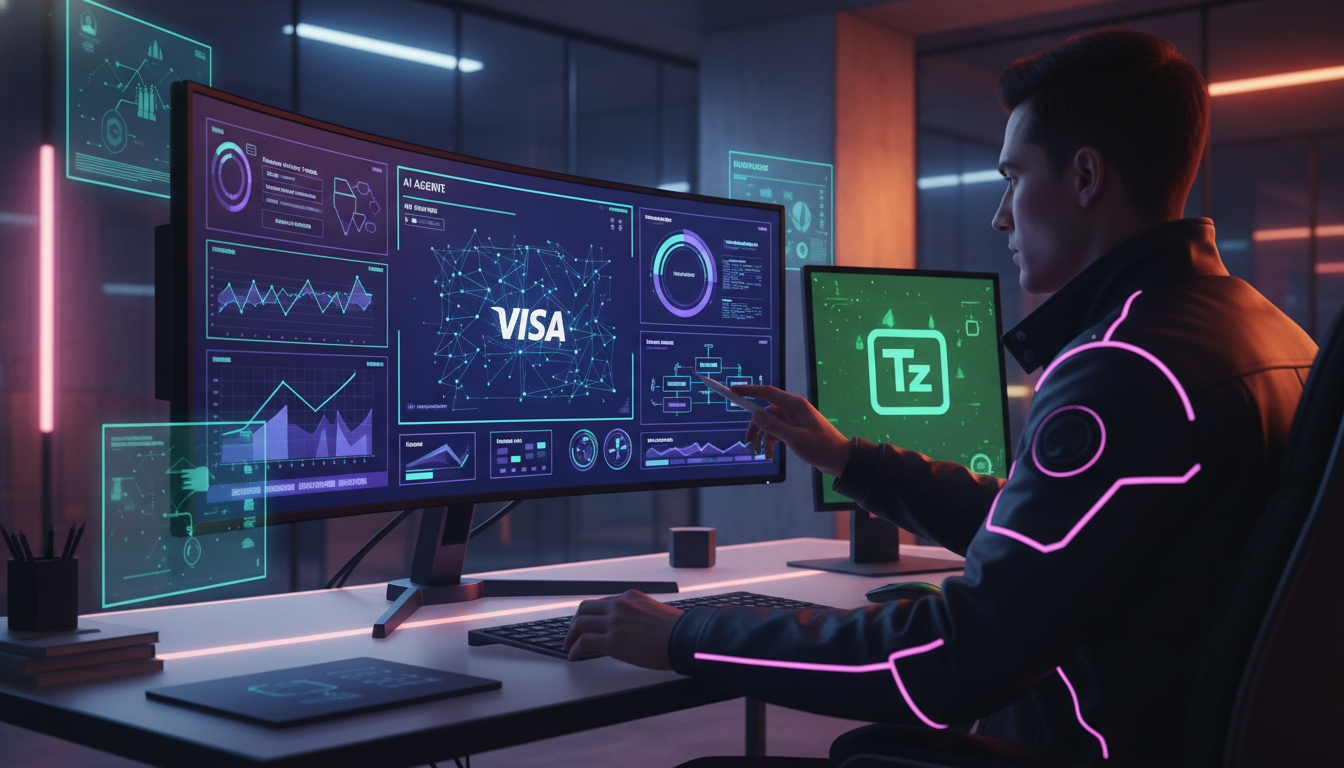 Agentes de IA no E-commerce: A Visa Lidera a Revolução das Compras Online — Um designer de interface de usuário (UI) trabalhando em um tela de computador que exibe o painel de controle de um agente de