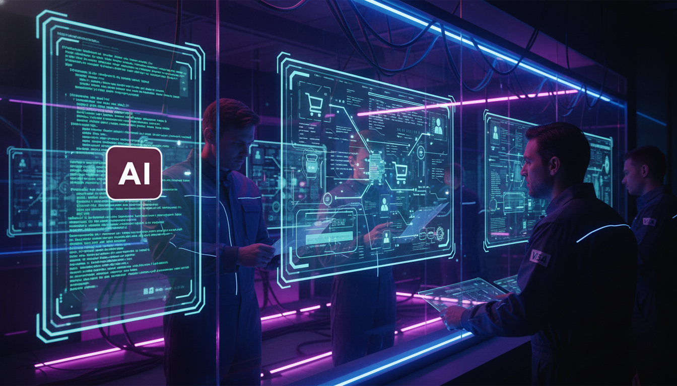 Agentes de IA no E-commerce: A Visa Lidera a Revolução nas Compras Online — Um ambiente de laboratório de alta tecnologia onde engenheiros da Visa trabalham em telas holográficas mostrando fluxos de d