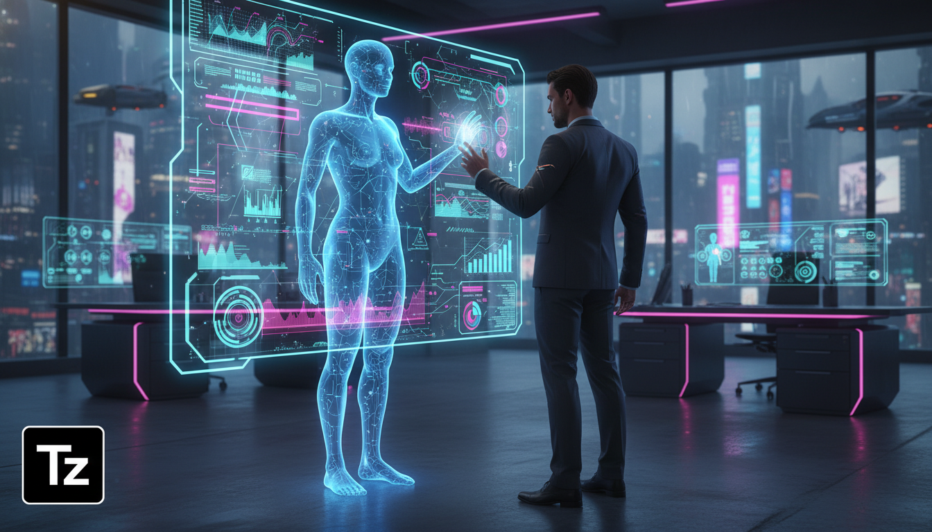 Agentes de IA: O Futuro da Automação Empresarial — Um agente de IA personificado como uma figura holográfica amigável, interagindo com um funcionário de escritório através de uma tela touchscreen tran