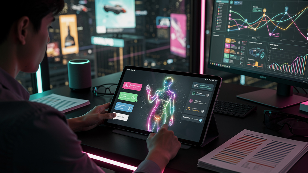 Agentes de IA: O Futuro da Automação Inteligente — Um agente de IA personificado como um assistente virtual amigável, interagindo com um cliente através de uma interface de chat em um tablet. O assist