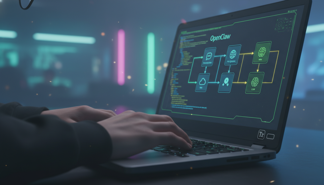 Agentes de IA: O Futuro da Autonomia e da Experiência do Cliente — Close-up das mãos de um desenvolvedor digitando código em um laptop. Na tela, um diagrama da arquitetura OpenClaw, com setas conectan