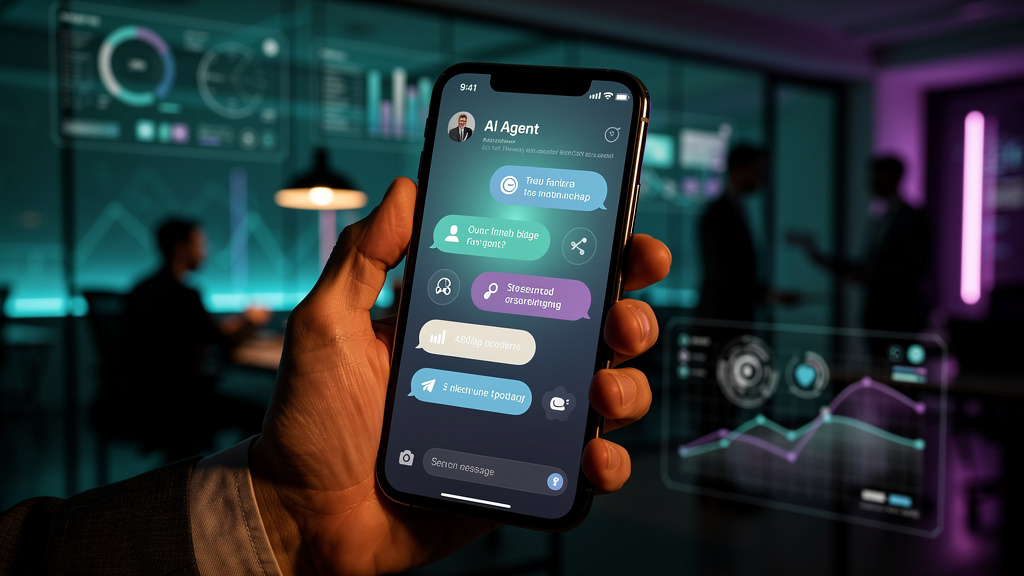 Agentes de IA: O Futuro da Comunicação Empresarial — Um close-up de uma tela de smartphone mostrando uma conversa com um agente de IA da Toolzz Chat. A interface é amigável e intuitiva, com opções cla