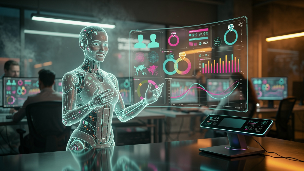 Agentes de IA: O Futuro da Produtividade Empresarial — Um agente de IA SDR (Sales Development Representative) da Toolzz em ação: Visualização em estilo 'comic book' de um agente de IA holográfico sorr