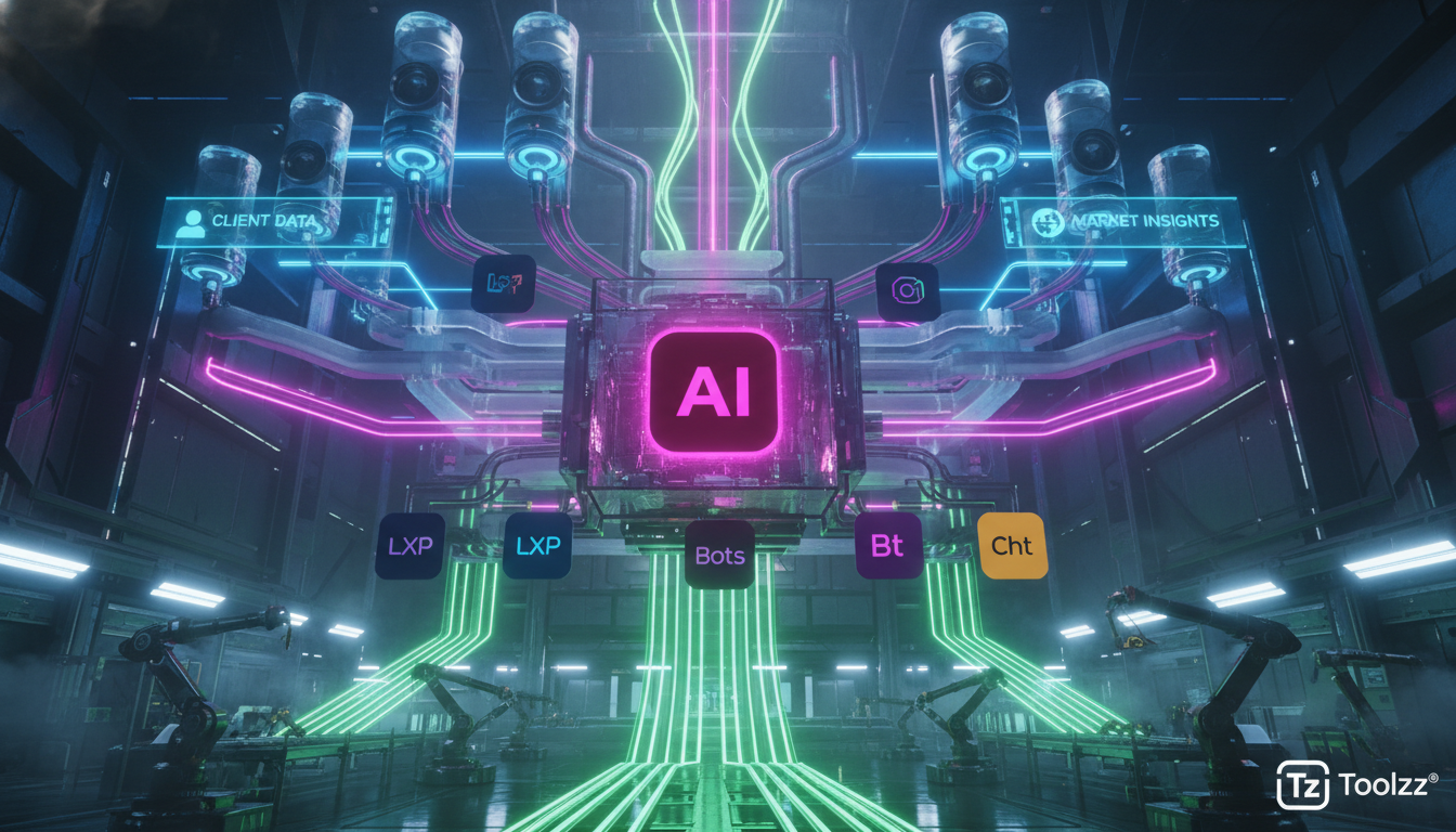 Agentes de IA: O Futuro da Transformação Digital — Um diagrama infográfico mostrando como os agentes de IA percebem o ambiente, tomam decisões e executam ações. Na parte superior, represente sensores 