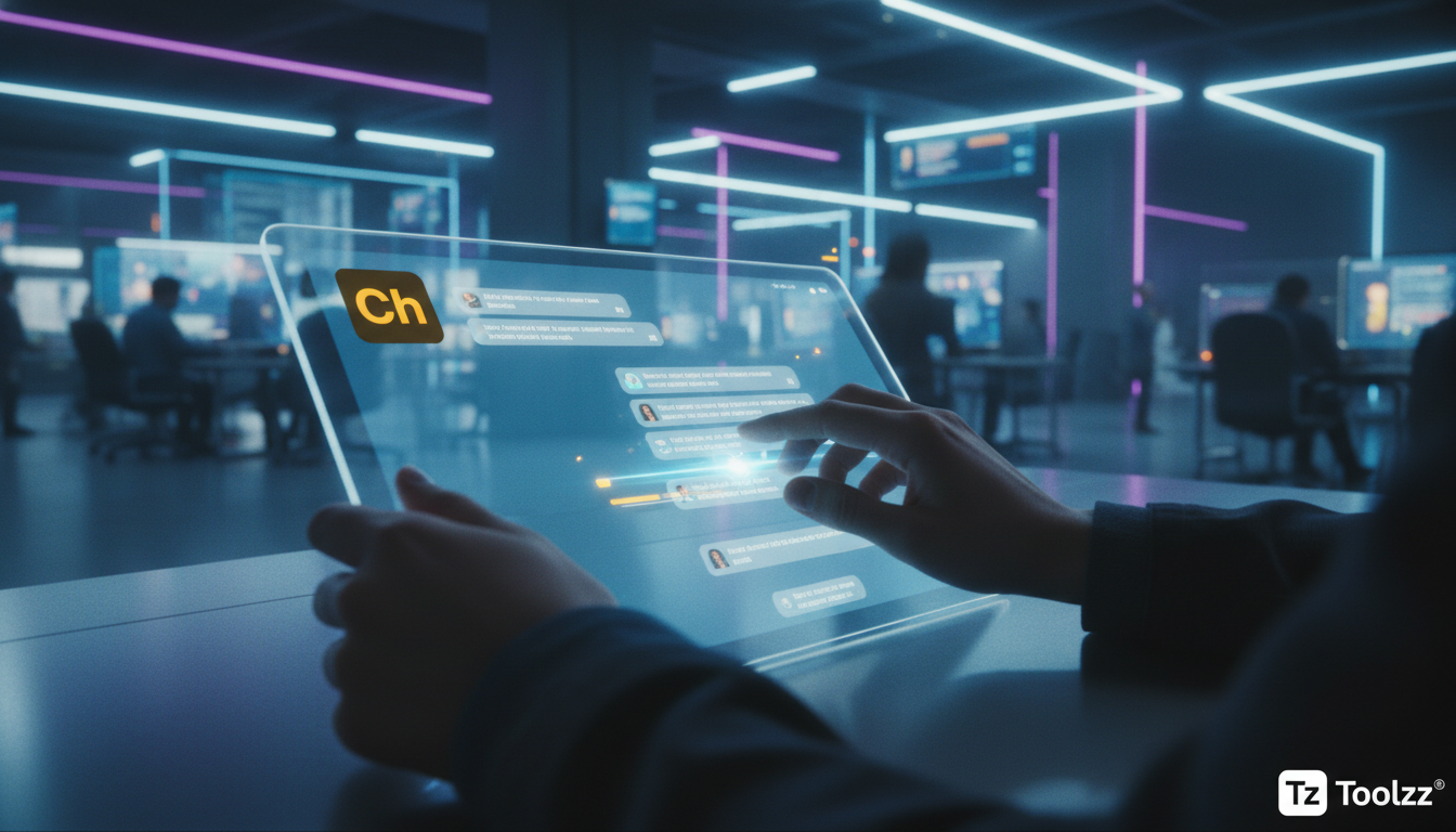 Agentes de IA: O Futuro do Atendimento e Suporte ao Cliente — Um close-up das mãos de um cliente digitando em um tablet, com um chatbot de atendimento ao cliente da Toolzz respondendo instantaneamente